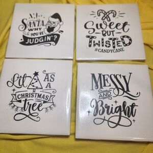 Handmade set of 4 Humorous Christmas Ceramic Coasters